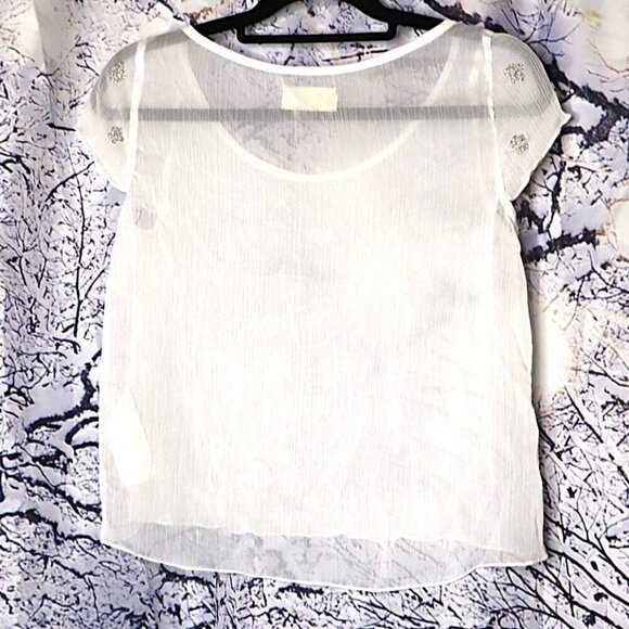 SHEER WHITE TOP S Hollister Beaded Flowers Y2K Chiffon Lettuce Edge Spring Retro - Picture 5 of 6